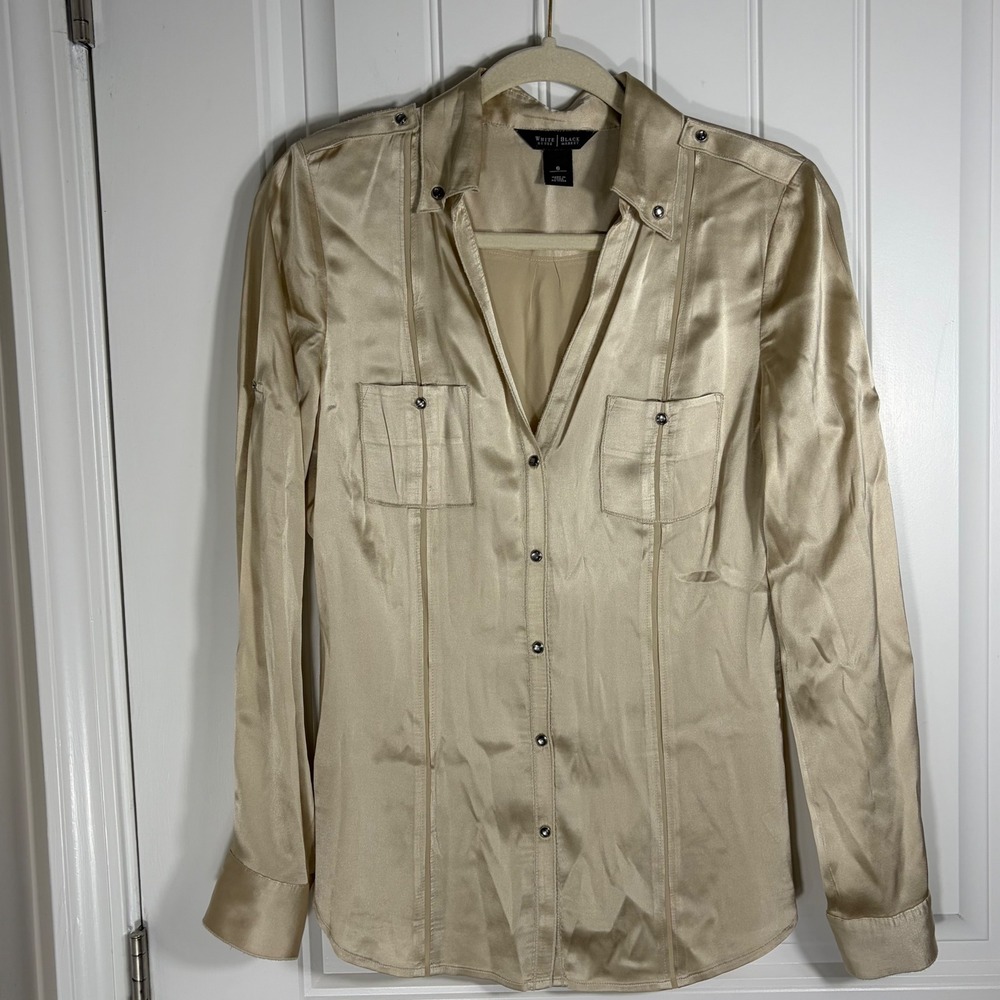 White House Black Market Silk Blend Button Down Shirt Champagne Gold Size 6